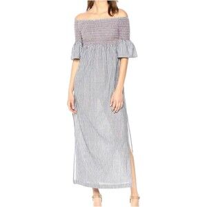 Trina Trina Turk Carmel Blue White Striped Smocked Shoulder Maxi Dress Womens XS
